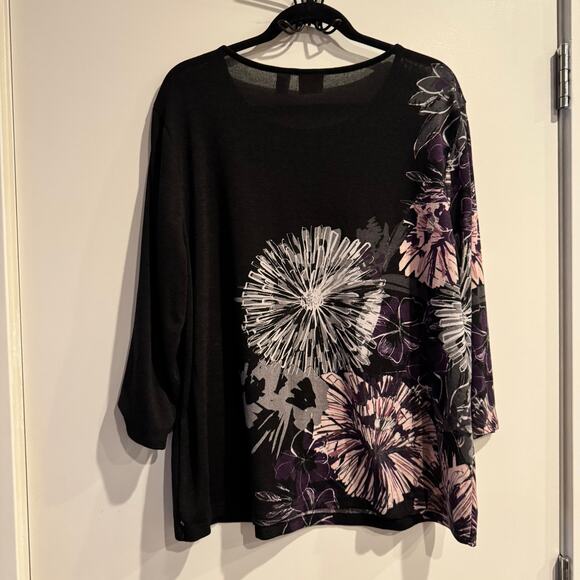 Weekends by Chico's Top Black Crew Neck Floral 3/4 Sleeve Women's Sz 3/L - Picture 5 of 5